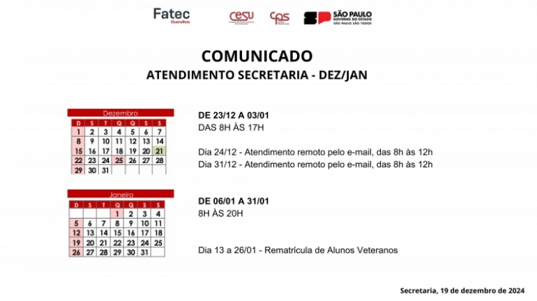 COMUNICADO Atendimento Secretaria - Dez/2024 - Jan/2025